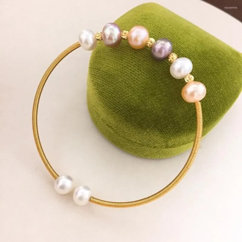 Bangle Women`s Hand Winding 14K Gold Plated Candy 6-7mm Freshwater Pearl Open Bracelet