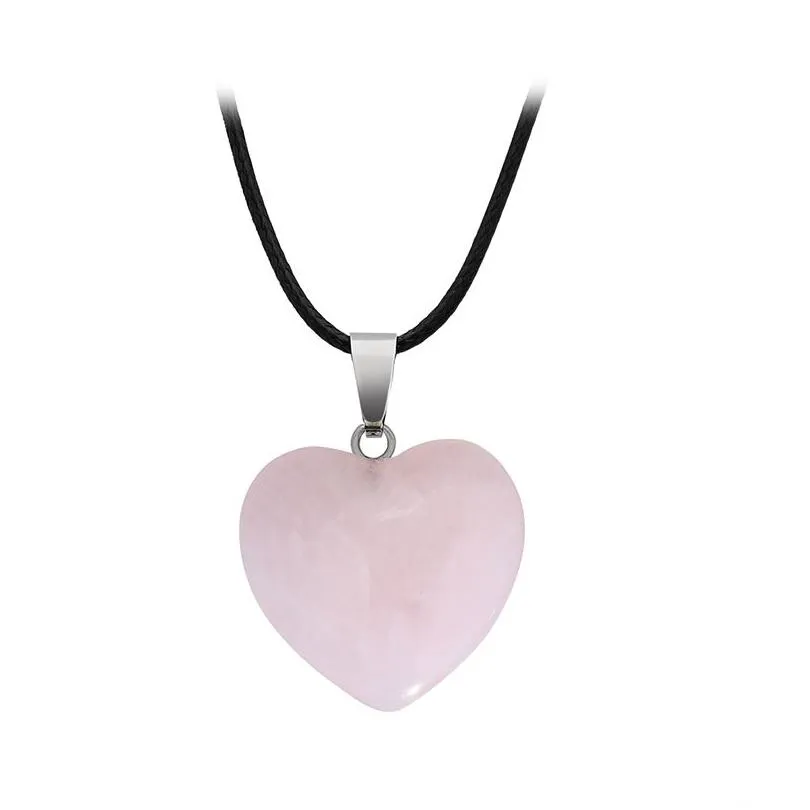 Pendant Necklaces Natural Crystal Stone Necklace Hand Carved Creative Heart Shaped Gemstone Fashion Accessory Gift With Chain 20Mm Dro Dhbru