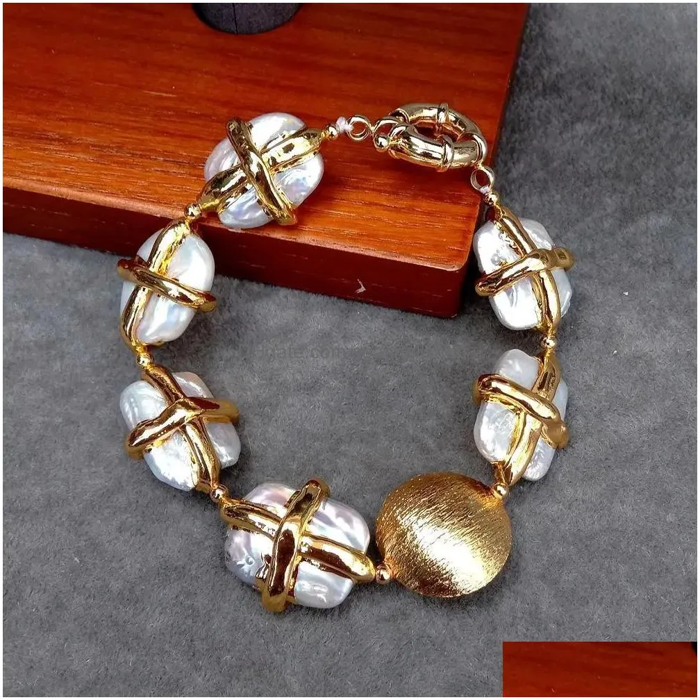 Bangle Bracelets Y.Ying Ctured White Keshi Pearl Rec Shape Gold Plated Cross Bracelet Design Jewelry Drop Delivery Dhv4O