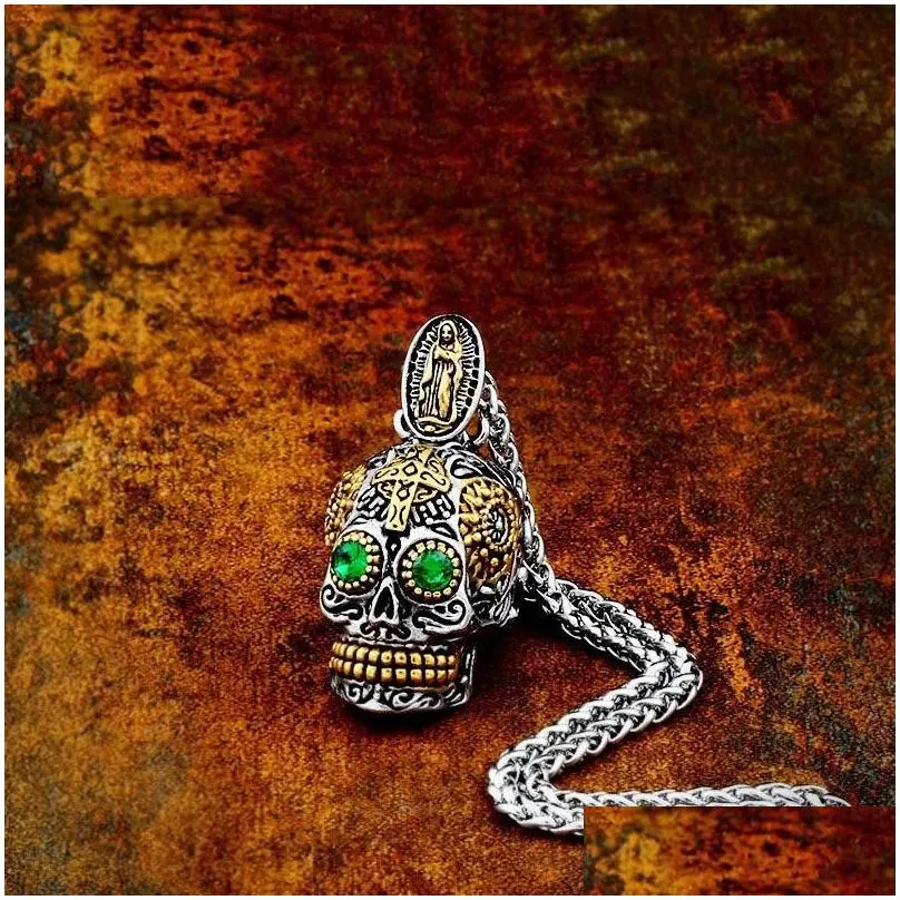 Pendant Necklaces Mexican Large Sugar Skl Green Crystal Necklace Vintage Gold Sier Color Punk Biker For Women Men Jewelrypendant Drop Dhv3Z