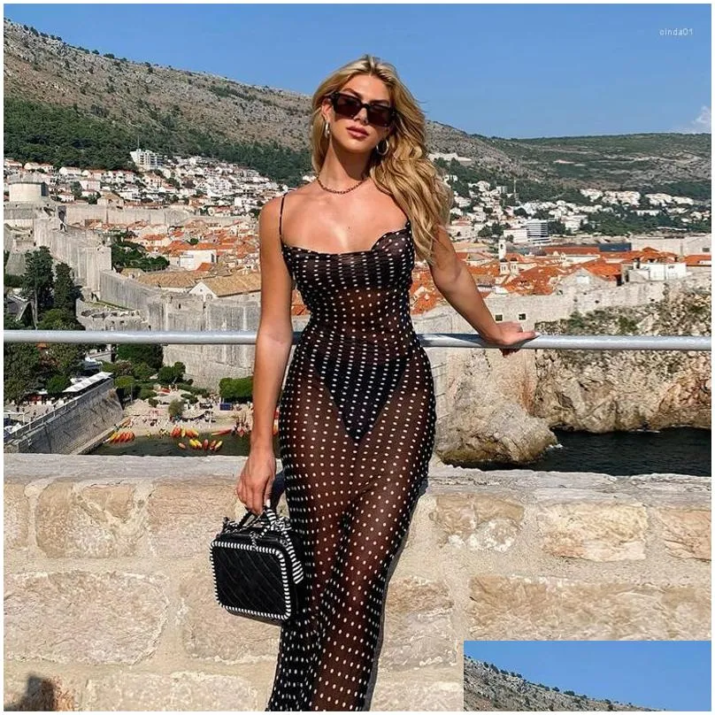 Basic & Casual Dresses Women Autumn Summer Polka Dot Backless Sleeveless See Through Black Long Dress Sundress Fall Clothes Streetwea Dhtgt