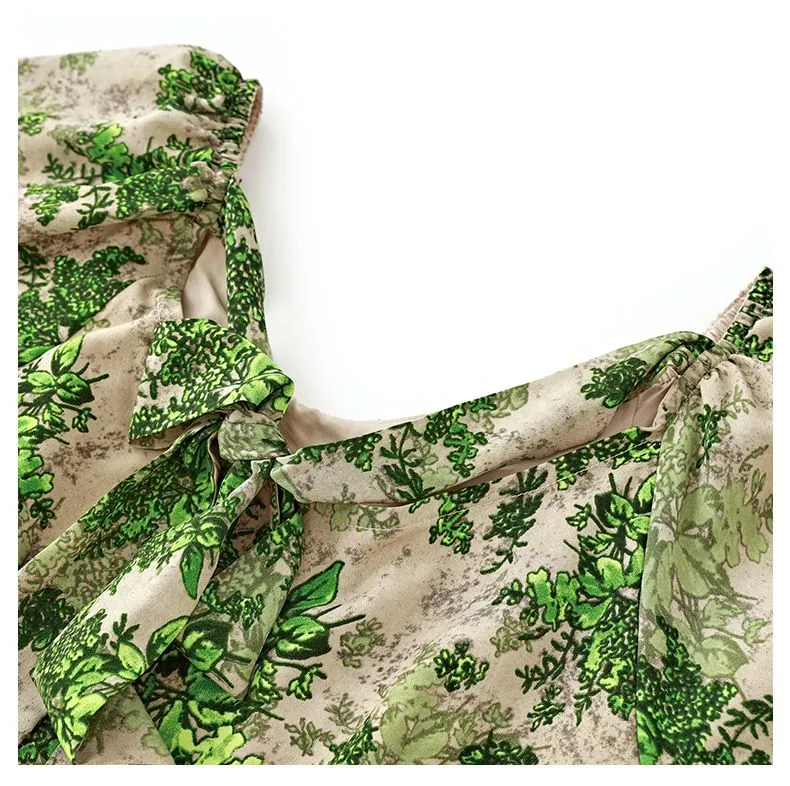 P00115# EVEOVNI Women`s Summer Dress High Quality Sweet Girl V-Neck Bubble Sleeve Floral Skirt Bow Knot