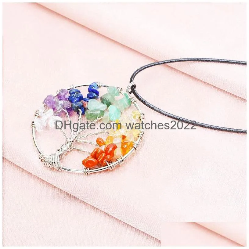 Pendant Necklaces Tree Of Life Necklace Mticolor Chakra Natural Stone Gemstone Rope Chain Women Heart Pendum Fashion Crystal Jewelry D Dhx2Z