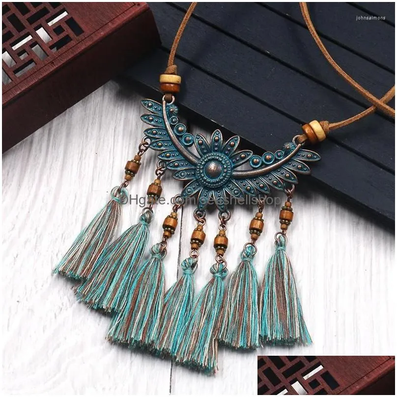 Pendant Necklaces Women Boho Vintage Blue-Mixed Tassel Necklace Choker Leather Long Sweater Rope Chain Statement Jewelry Accessories Dhzhb