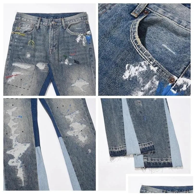 Men`S Jeans Mens Blue Le Ink Washed Destroyed Flared Jean Pants Hip Hop Iti Ripped Denim For Men Streetwear Vintage Wide Drop Deliver Dh7F2