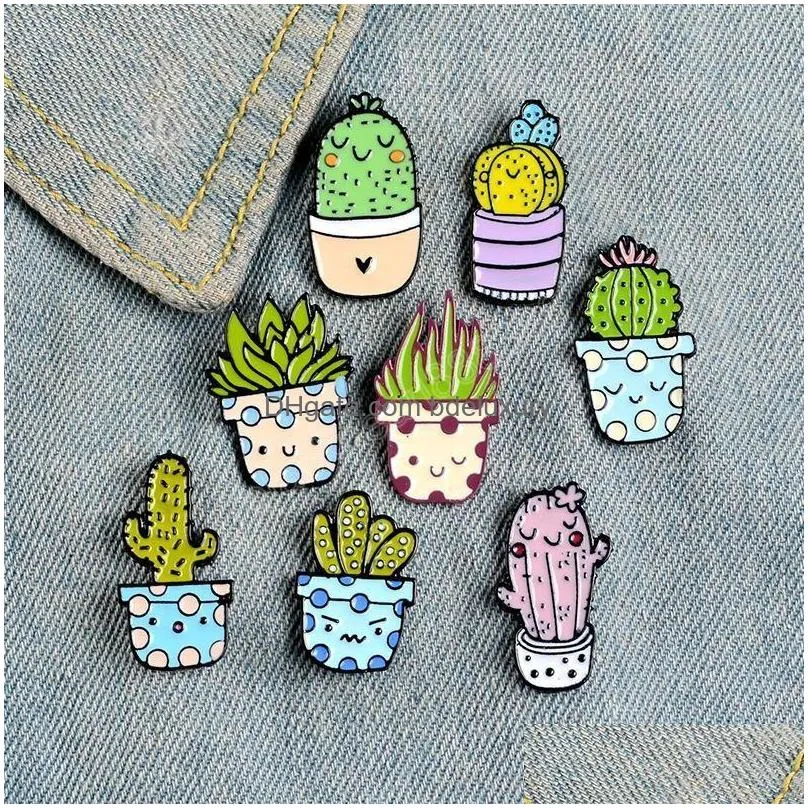 Pins, Brooches Cartoon Cactus Brooch Cute Mini Plant Pot Enamel Women Denim Jackets Lapel Pins Hat Kid Jewelry Christmas Gift Drop De Dhd2K