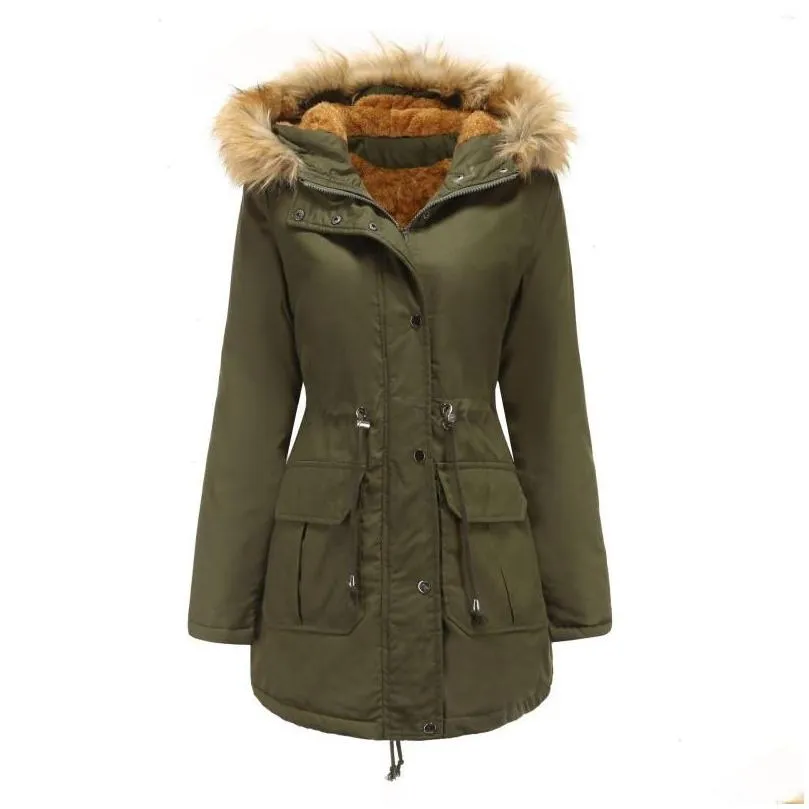 Women`S Down & Parkas Womens Winter Cotton Coats Big Artificial Fur Warm Green Adjustable Waist Outwear Women Flannel Jacket Drop Deli Dh8Hr