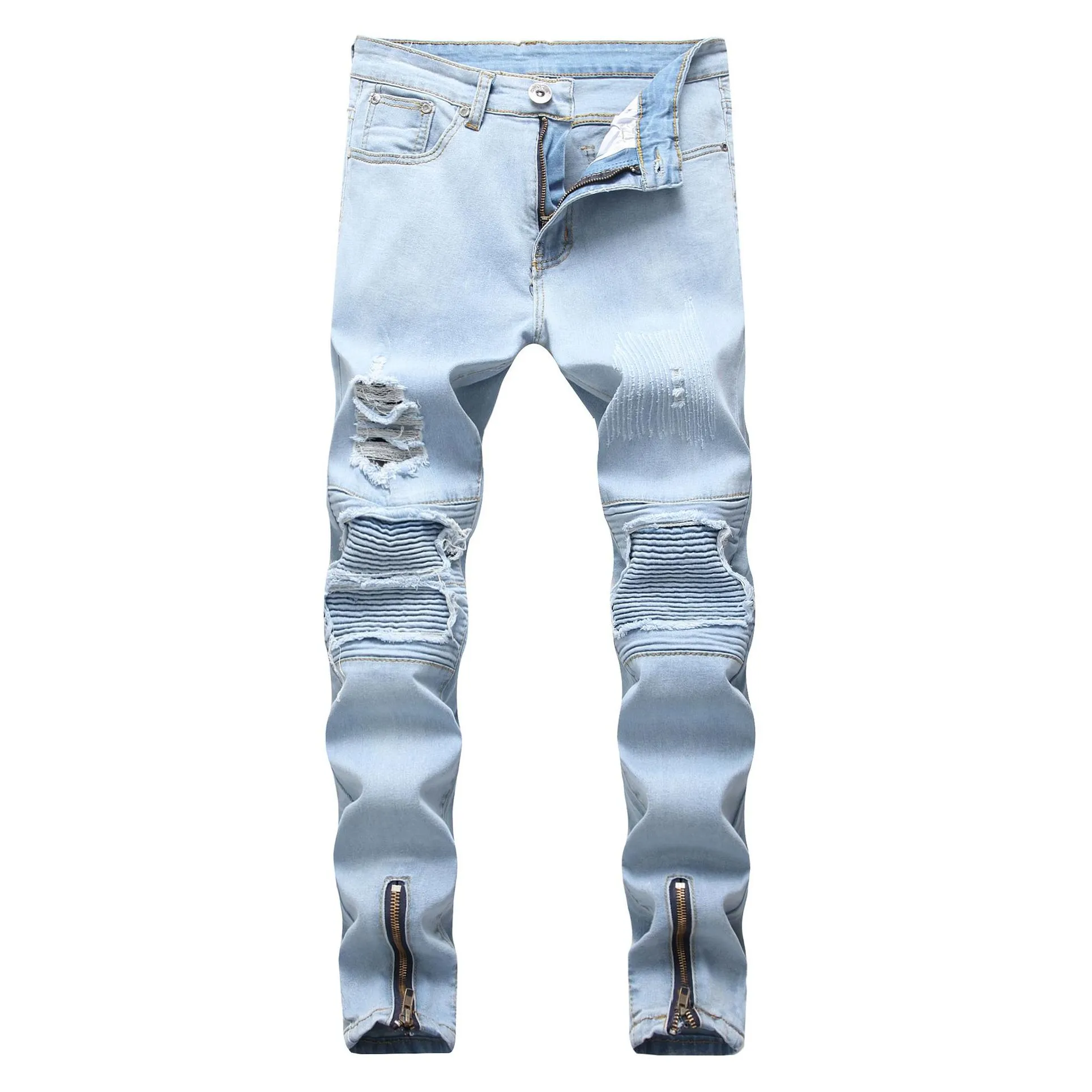 Men`S Jeans Mens Blue Ripped Died Motorcycle Pants Folds Hole Zipper Design Elastic Washed Retro High Street Fashion Drop Delivery Ap Dh1Ih