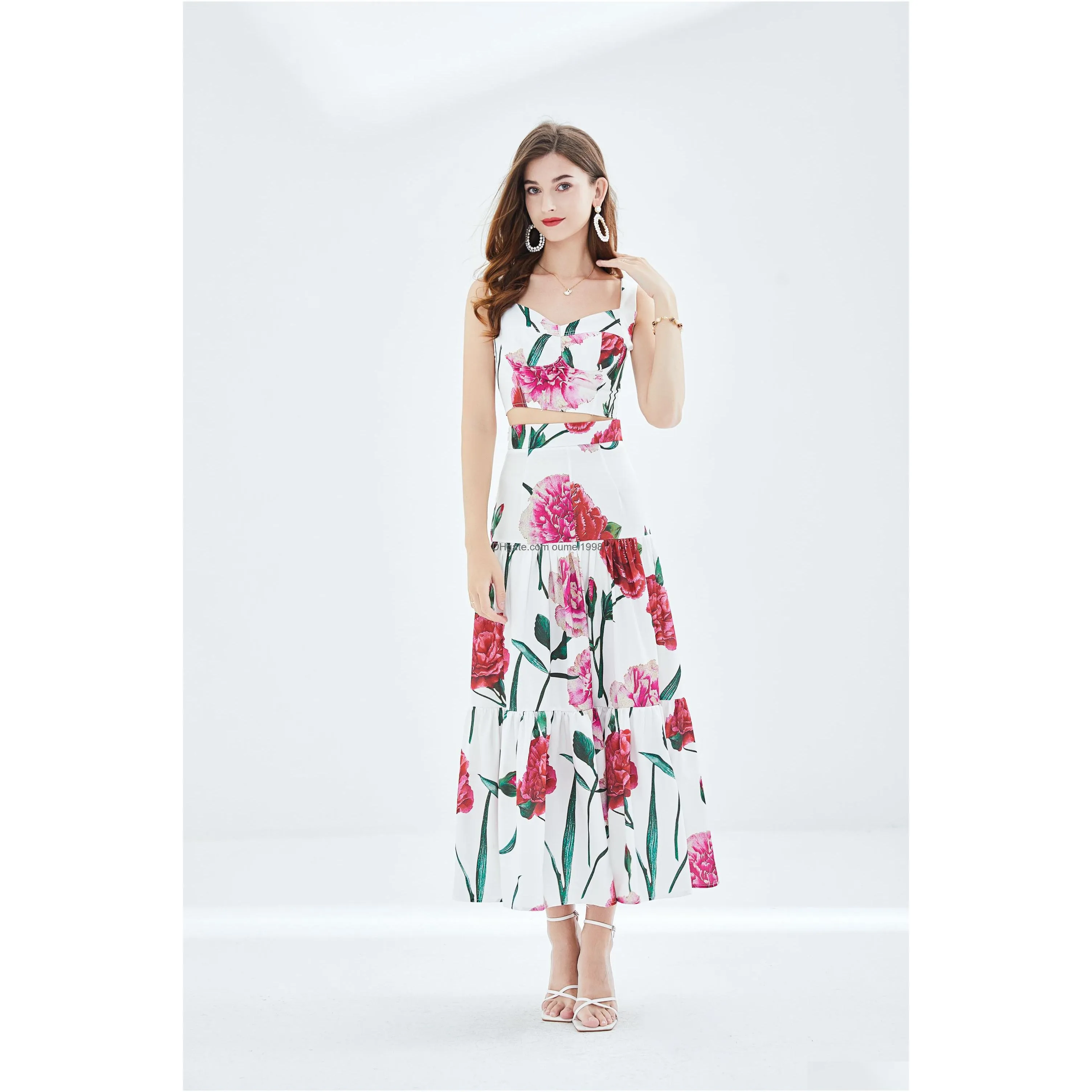 Two Piece Dress Summer Runway Sicily Floral Matching Outfits Womens Short Spaghetti Strap Crop Top Long Maxi Vacation Skirt 2 Set Dro Dhfax