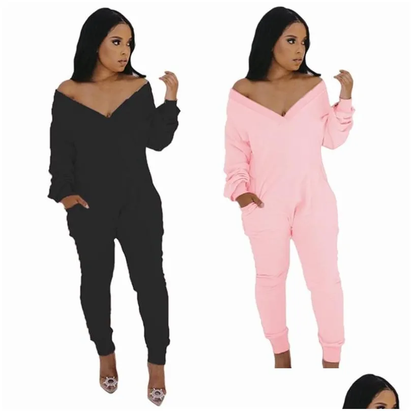 Women`S Jumpsuits & Rompers Womens Long Sleeve Autumn Solid Color Back Zip V Neck Jumpsuit With Pocket Drop Delivery Apparel Clothing Dhrkj