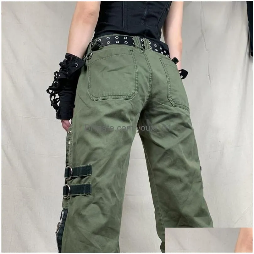 Women`S Jeans Womens Y2K Grunge Green Zipper Bandage Low Waist Cargo Pants Gothic Punk Baggy Retro Kawaii Trousers Women Korean Sweat Dhqyk