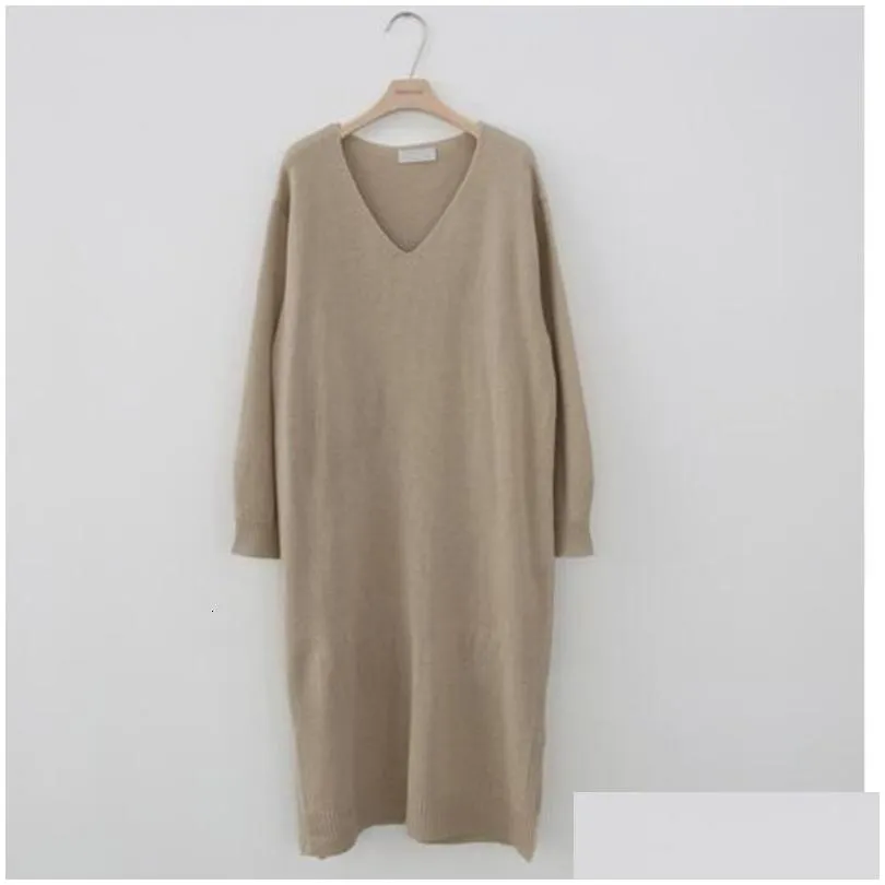 Winter Sweater Dress Women White V-neck Long Knitted Dress Lazy Oaf Korean Laides Casual Slit