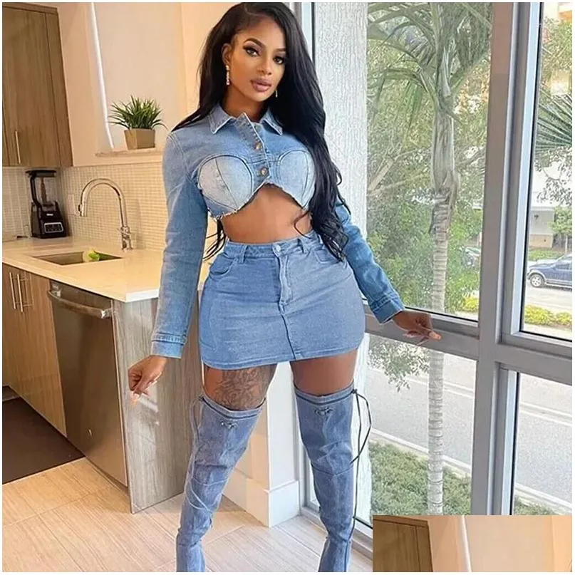 Work Dresses Streetwear Denim 2 Piece Skirt Set For Women Y2K Clothing Long Sleeve Crop Top And Mini Skirts Birthday Night Club