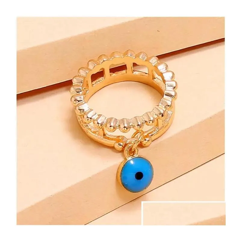 With Side Stones 4Pcs/Set Fashion Turquoise Diamond Evil Eye Finger Rings Women Girls Jewelry Ring Set Drop Delivery Dh2Bj