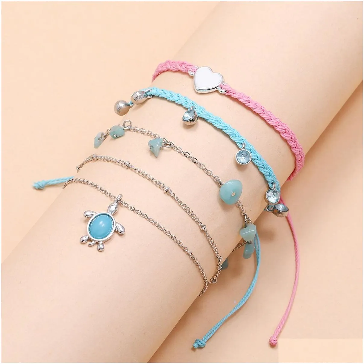 Hand woven Blue Pink Love Foot rope natural gravel turtle artificial crystal tassel foot chain 4-piece set