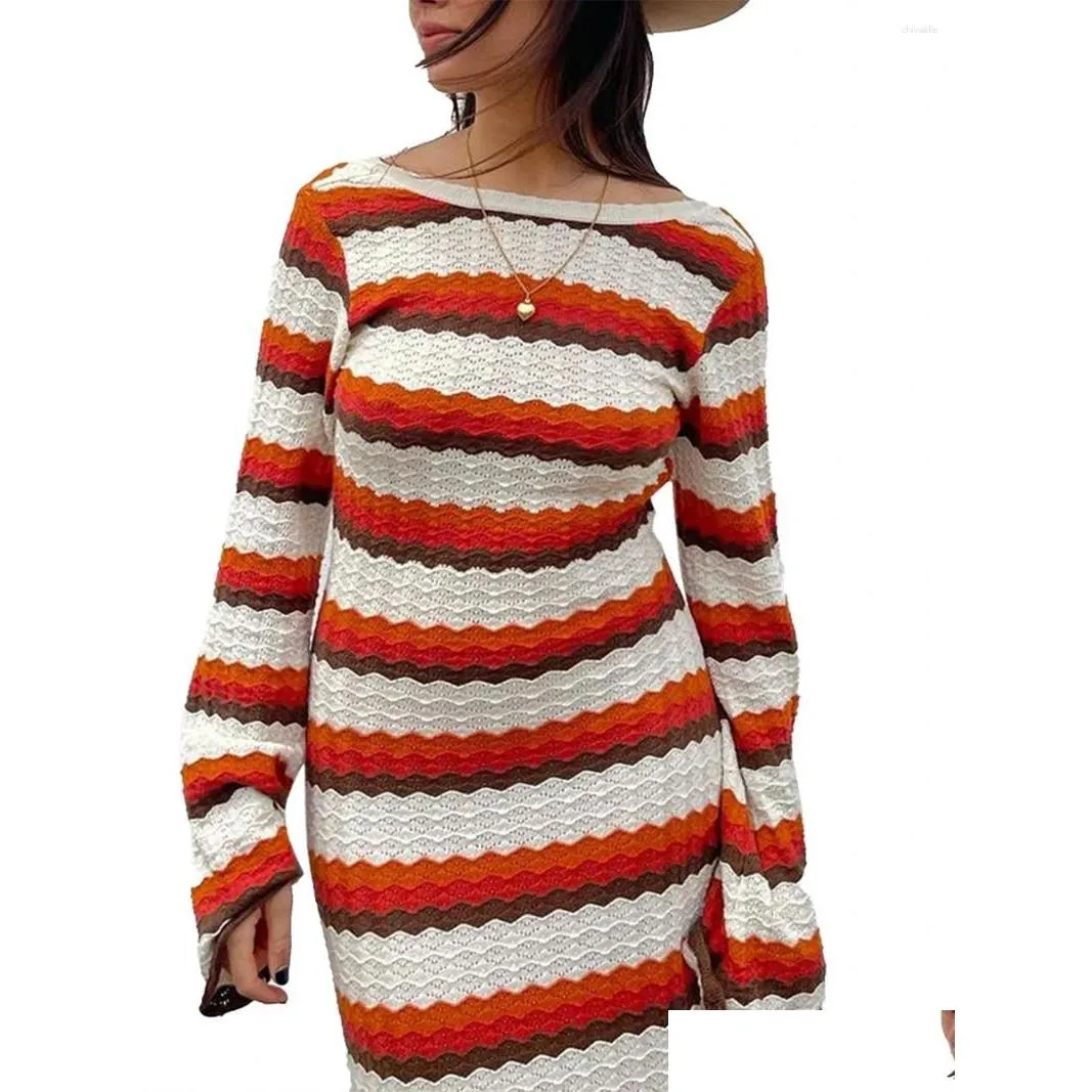 Casual Dresses Womens Long Sleeve Bodycon Dress Elegant Knitted Crew Neck Backless Striped Fall Winter Going Out