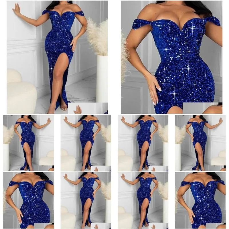 Summer Casual Dresses Party Dress Women Slim Sequins Sexy Breast Wrap Female Solid Blue Empire Split Fork Dinner Long