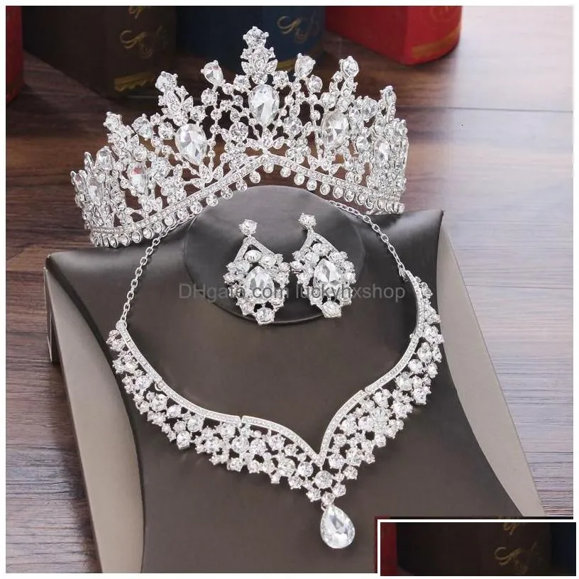 Jewelry Sets Kmvexo Gorgeous Crystal Ab Bridal Fashion Tiaras Earrings Necklaces Set For Women Dress Crown Drop Delivery Dhoy5