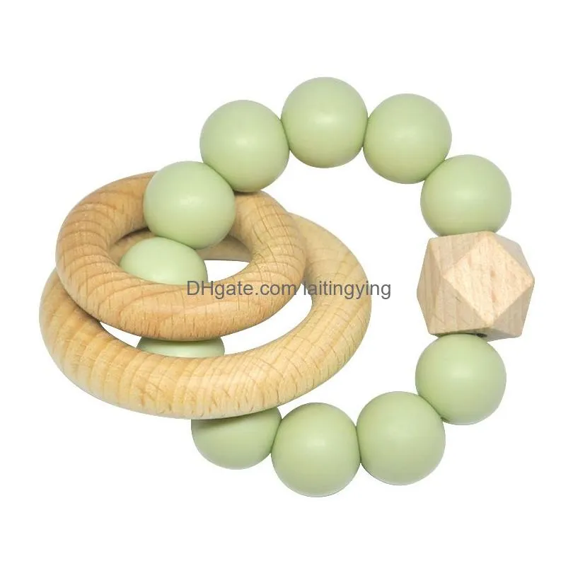 silicone teether bracelet organic wooden ring natural teething grasping toy silicone bead toddler teether born diy baby gift