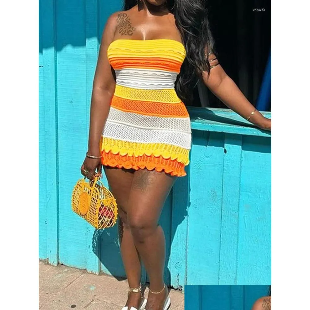 Casual Dresses Orange Striped Knitted Tube Women Summer 2024 Fashion Sexy Hollow Out Backless Strapless Ruffles Mini Bodycon Sundress