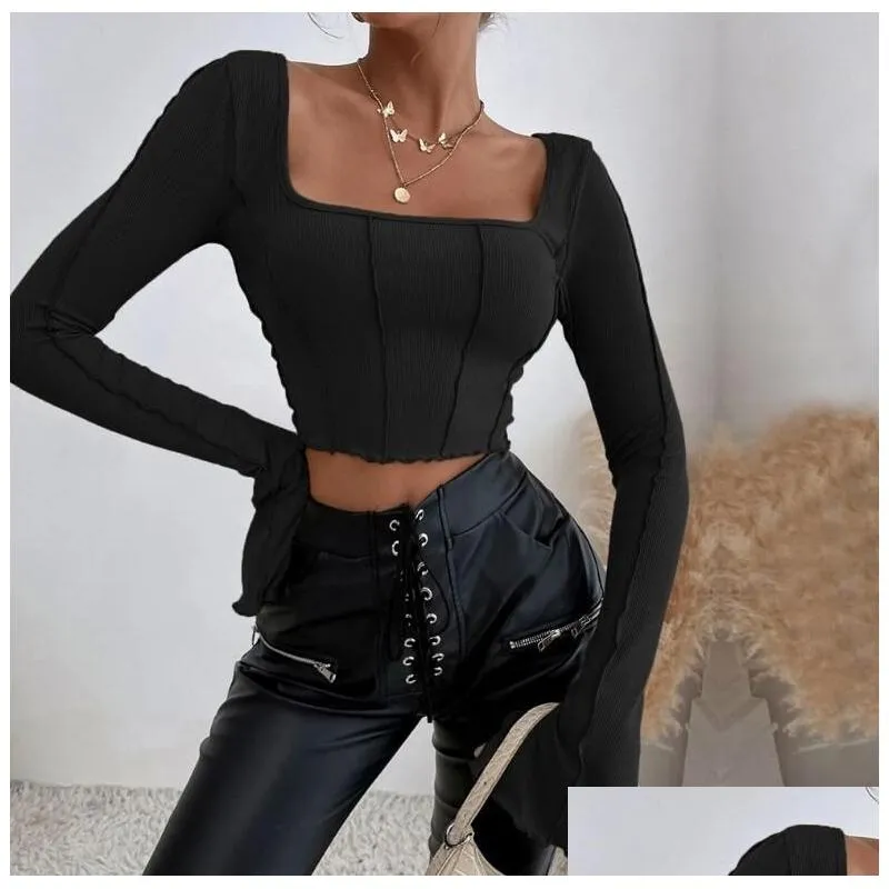 2023 New Women`s T Shirts Long Sleeve Knitted Women Black Backless Sexy Streetwear Tees Spring Autumn Basic Y2K Crop Top