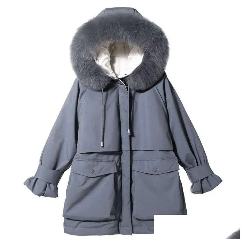 Women`s Down & Parkas Winter Women Korean Warm Cotton Jacket Big Fur Collar Hooded Padded Coats Elasted Waist Solid Mid-long Coat