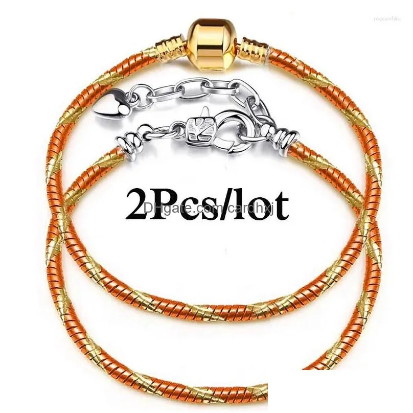 Charm Bracelets 2Pcs/Lot Fashion Orange M Chain Fit Diy Beads Bracelet Bangles Couple Psera Bijoux Jewelry For Women Men Drop Deliver Dhj5Z