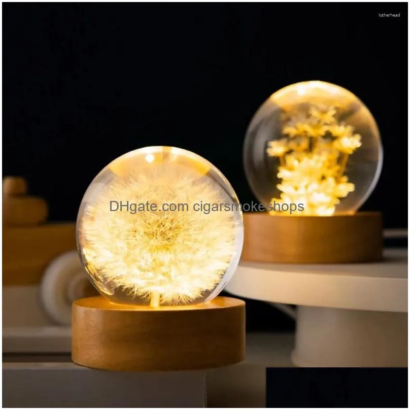 Decorative Objects & Figurines Round Ball Night Lamp Flower Crystal Light With Woodern Base Office Home Decor Gifts For Men Women Kids Dhg6K