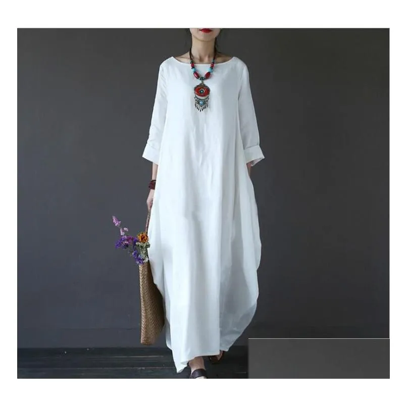 Hot Sell Autumn Women Loose O-neck White Dress Long Sleeve Maxi Robe New Solid Color Dress