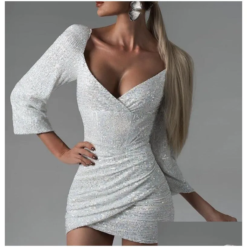 2024 New Casual Dresses Sexy Irregular Draped Mini Dress Elegant V Neck Glitter Sequins Slim Fit Women Long Sleeve Hip Wrap Party