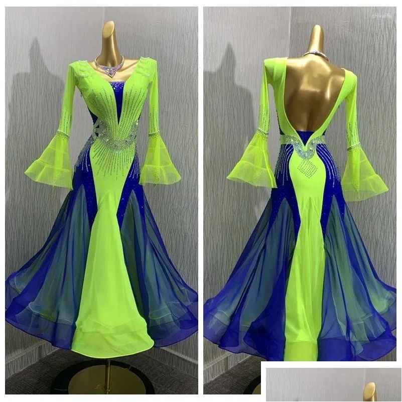 Stage Wear ABCDance Dress Modern Waltz Tango Competition Ballroom Dance Smooth Costume Long Sleeve Green