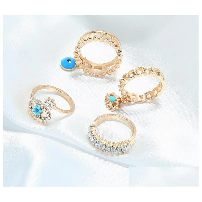 With Side Stones 4Pcs/Set Fashion Turquoise Diamond Evil Eye Finger Rings Women Girls Jewelry Ring Set Drop Delivery Dh2Bj