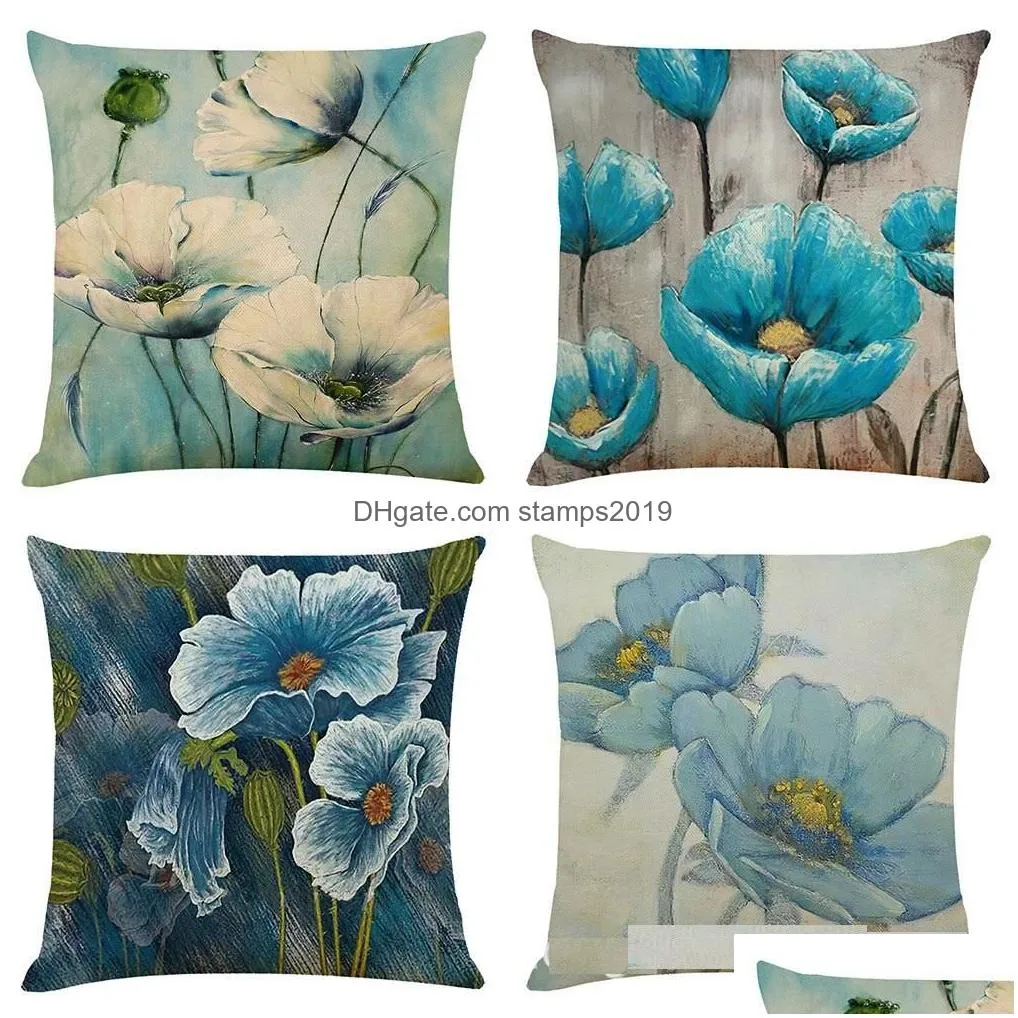 throw pillow cushion cover blue lily of cotton linen polyester decorative home decor sofa couch desk chair bedroom 18x18inch square throw pillow case