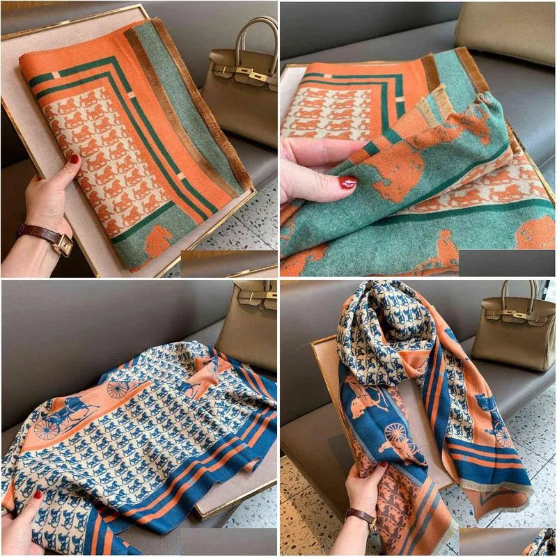 Scarves Luxury Brand Scarf For Women Warm Cashmere Shawl Wrap Large Pashmina Blanket Designer Carriage Print Female Foard Drop Deliv Dhn1U