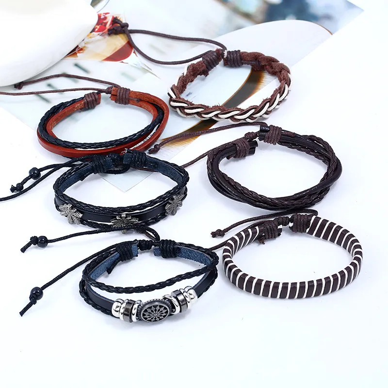 Charm Bracelets Rope Weave Braided Leather Bracelet Vintage Style Diy Combination Set Stam Woven Men Drop Delivery Otzic