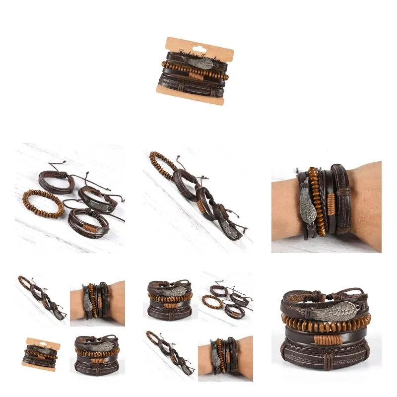 Charm Bracelets Rope Weave Braided Leather Bracelet Vintage Style Mti Layer Beaded Men Women Drop Delivery Otbhh