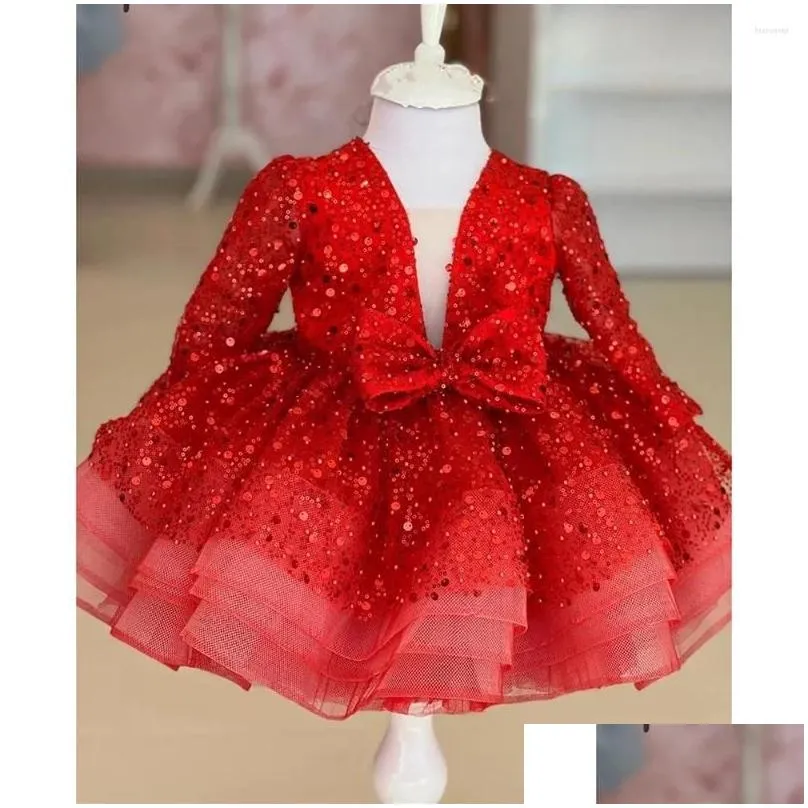 Girl Dresses Shiny Sequined Mini Fashion V-Neck Long Sleeves Pleat Ruched Short Ball Gowns Casual Party Pageant Kids