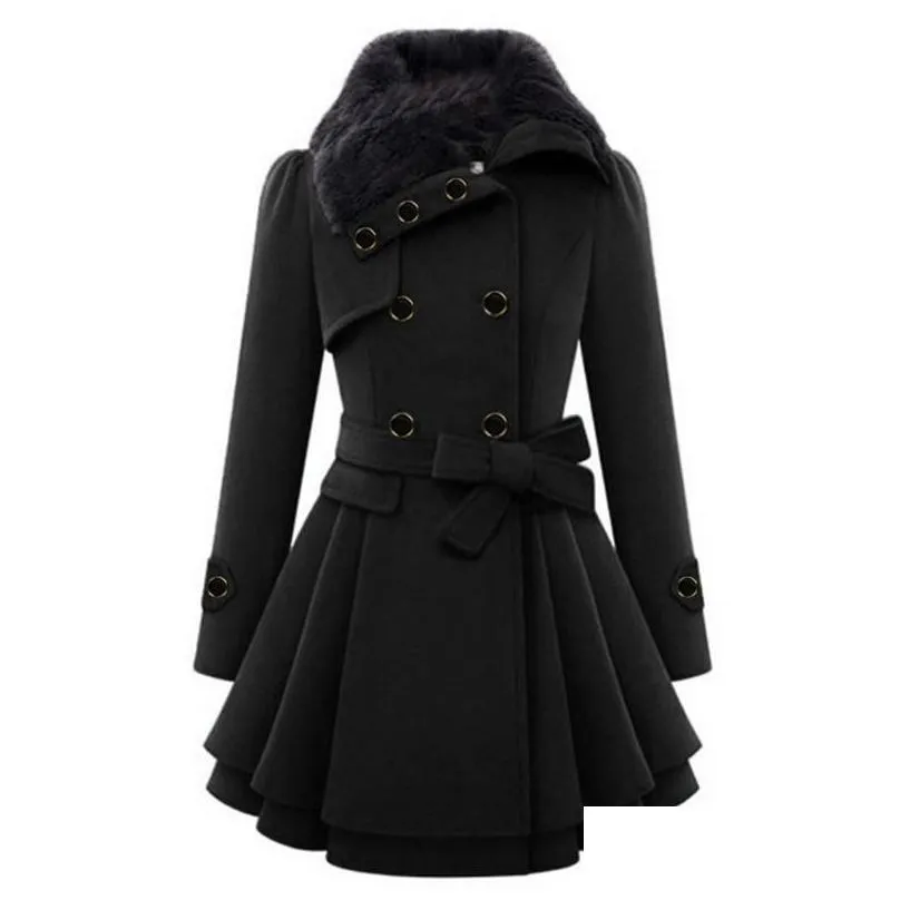 Women`s Wool Women`s & Blends Women Fashion Thick Warm Coat Windbreaker Outwear Long Sleeve Button Closure Asymmetrical Hem Cloak