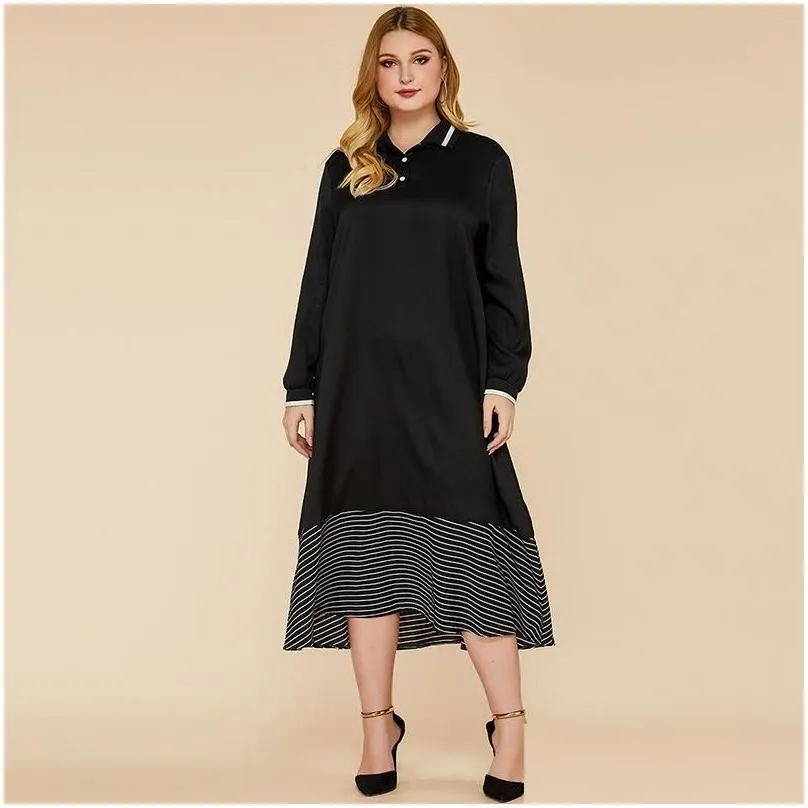 Plus Size Dresses Office Lady Spring Turn Down Collar Dress Women Long Sleeve Midi Loose Waist Black Patchwork Striped