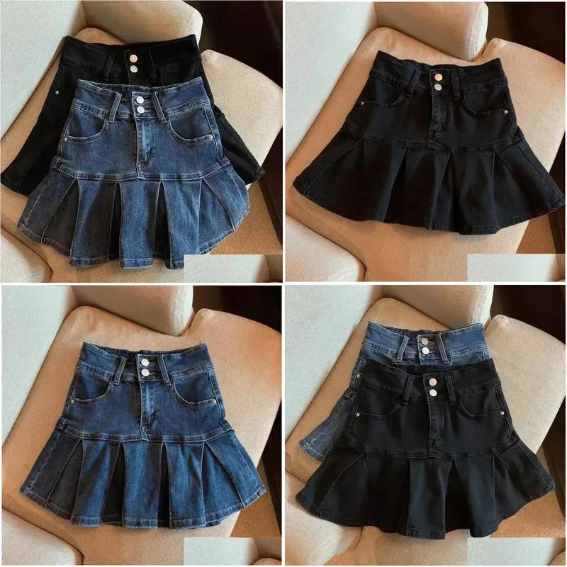 Spring Autumn Girls Pleated Skirt Baby Denim Skirt Kids Skort Children Fashion Bottoms Ruched Soft 3-14Y Blue Skirt 240329