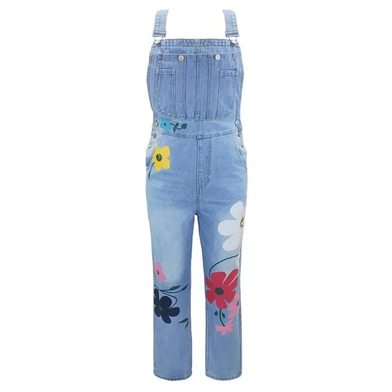 New Women`s Jeans Polyester Oversized Suspender Pants Simple Printed Overalls With Pockets Breathable Soft Baggy Mid Waisted Women