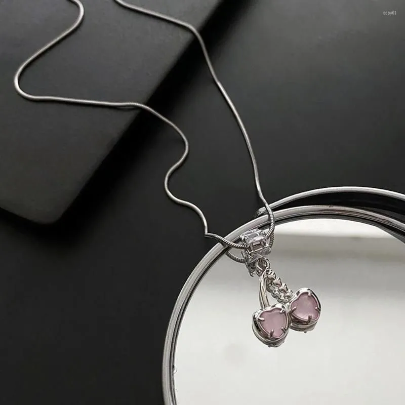 Pendant Necklaces Fashion Necklace For Women Small Sweet Pink Color Cherry Advanced Collar Chain Titanium Steel Jewelry Gift
