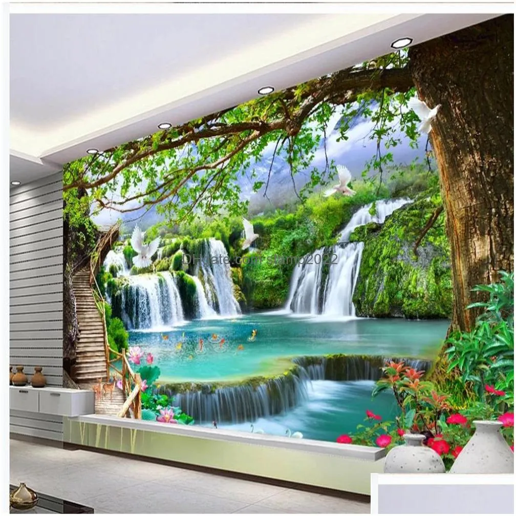 Green Forest Waterfall 3D Murals Waterfall Wallpaper For Living Room ...