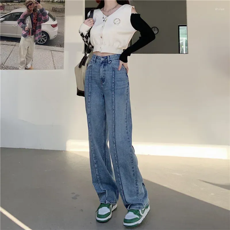 Women`s Jeans Autumn Spring Denim Pant Women Vintage Trousers Fashion Female Blue Hight Waist Loose Casual Wide Leg Pants Straight