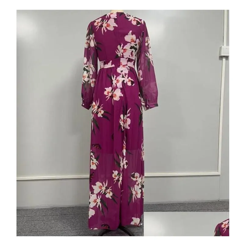 Spring Summer Women Dresses Fashion Bohemian Floral Printed V Neck Long Sleeve Casual Pleated Chiffon Dress