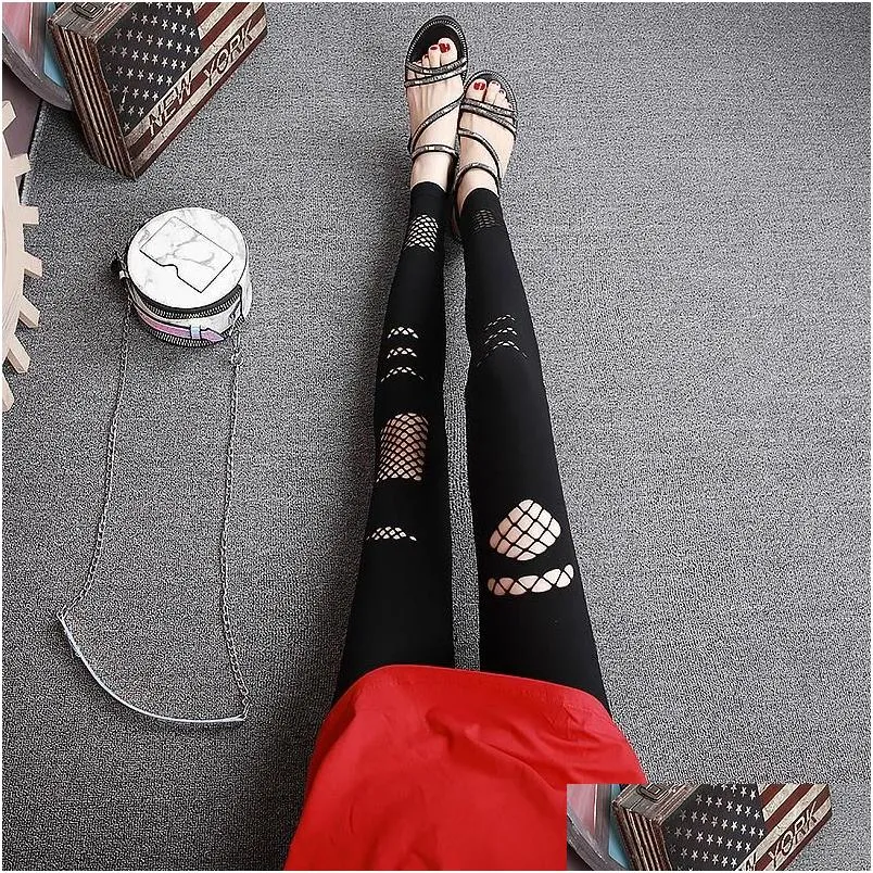 Summer Women`s Elastic Leggings High Waist Ripped Holes Fashionable Casual Black Stretch Pants 2021 In