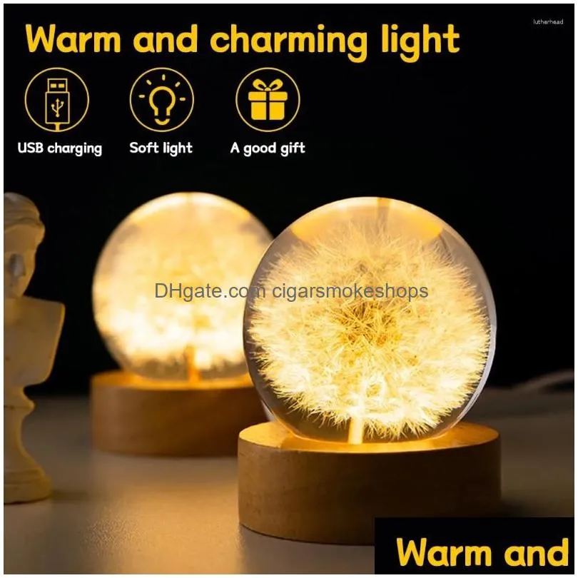 Decorative Objects & Figurines Cute Night Light With Woodern Base Flowers Crystal Ball Office Home Decor Gifts For Men Women Kids Boys Dhzby