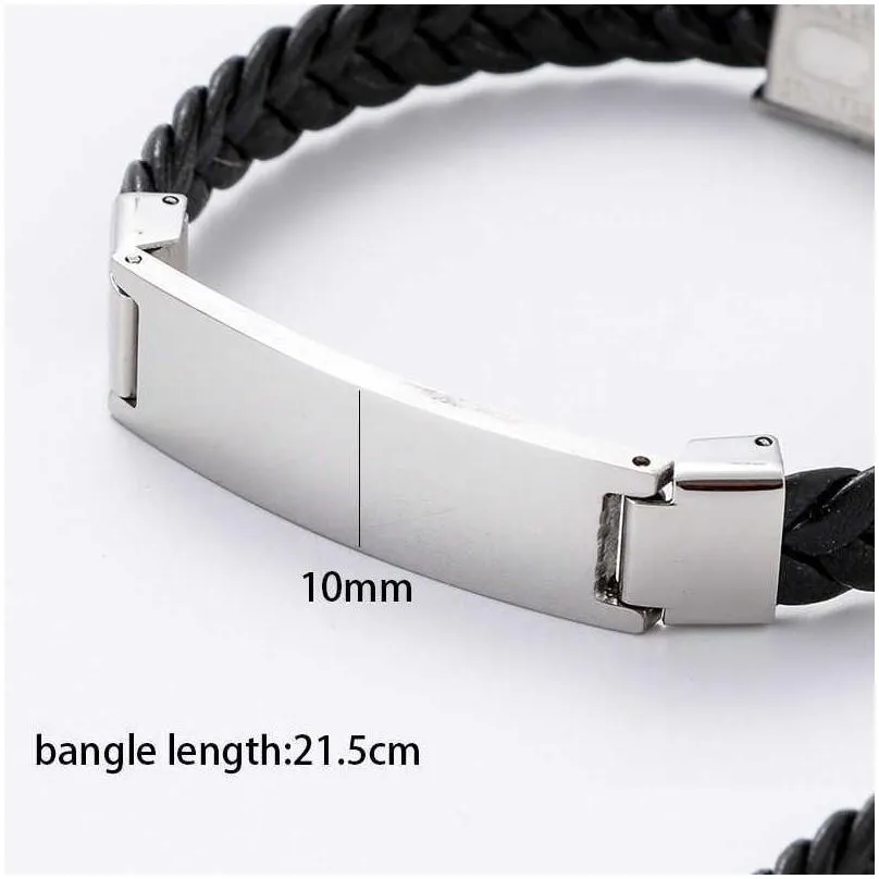 Stainless Steel Blank Id Tags Leather Bangles for Engrave Leather Braid Bracelet with Metal Plate Whole 10pcs Q0720218E