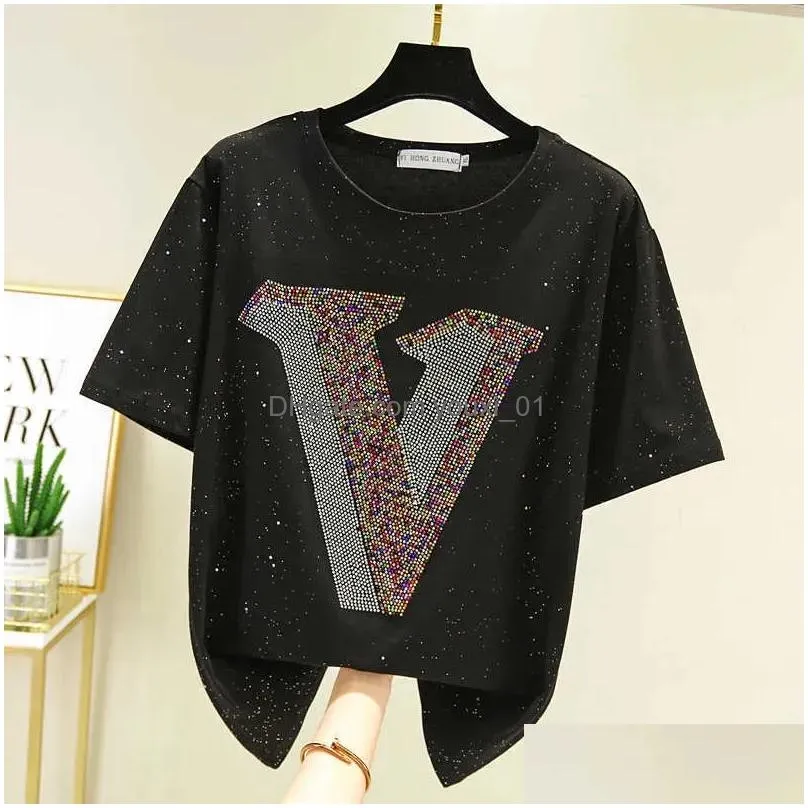 Women`S T-Shirt Womens T Shirt Women Short Sleeve Shiny Diamond Summer Tops Fashion Woman Clothes Tshirt Tee Femme Digirl Drop Deliver Dhasa