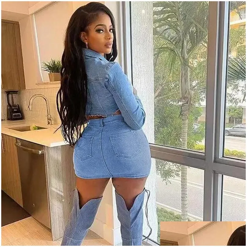 Work Dresses Streetwear Denim 2 Piece Skirt Set For Women Y2K Clothing Long Sleeve Crop Top And Mini Skirts Birthday Night Club